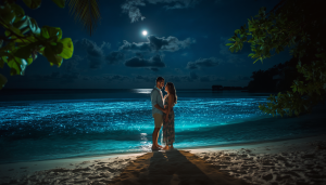 Couple enjoying glowing beach in Maldives, romantic night , bioluminescent water, soft moonlight