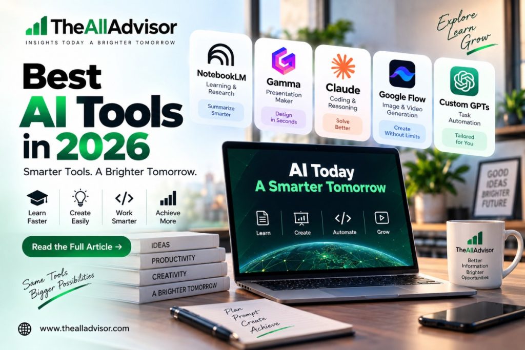 Best AI Tools in 2026 by The All Advisor featuring NotebookLM, Gamma AI, Claude AI, Google Flow AI, and Custom GPTs