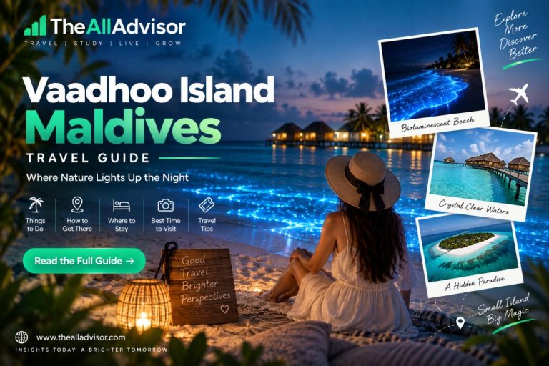 Vaadhoo Island Maldives Travel Guide by The All Advisor featuring the famous bioluminescent beach and tropical island scenery