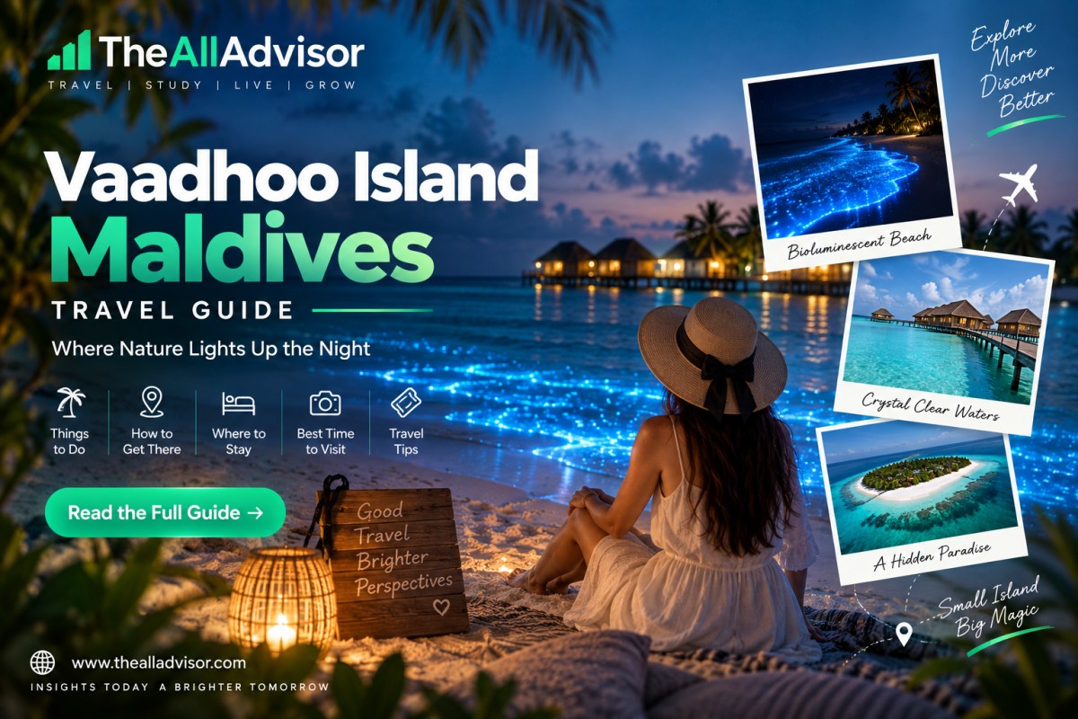 Vaadhoo Island Maldives Travel Guide by The All Advisor featuring the famous bioluminescent beach and tropical island scenery