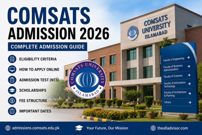 COMSATS University Islamabad campus promoting COMSATS Admission 2026 with information about eligibility, admission test, scholarships, fee structure, and online application process.