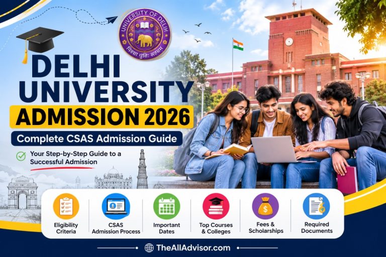 Delhi University Admission 2026 poster featuring the University of Delhi campus, students, and the CSAS admission guide for undergraduate admissions in India.