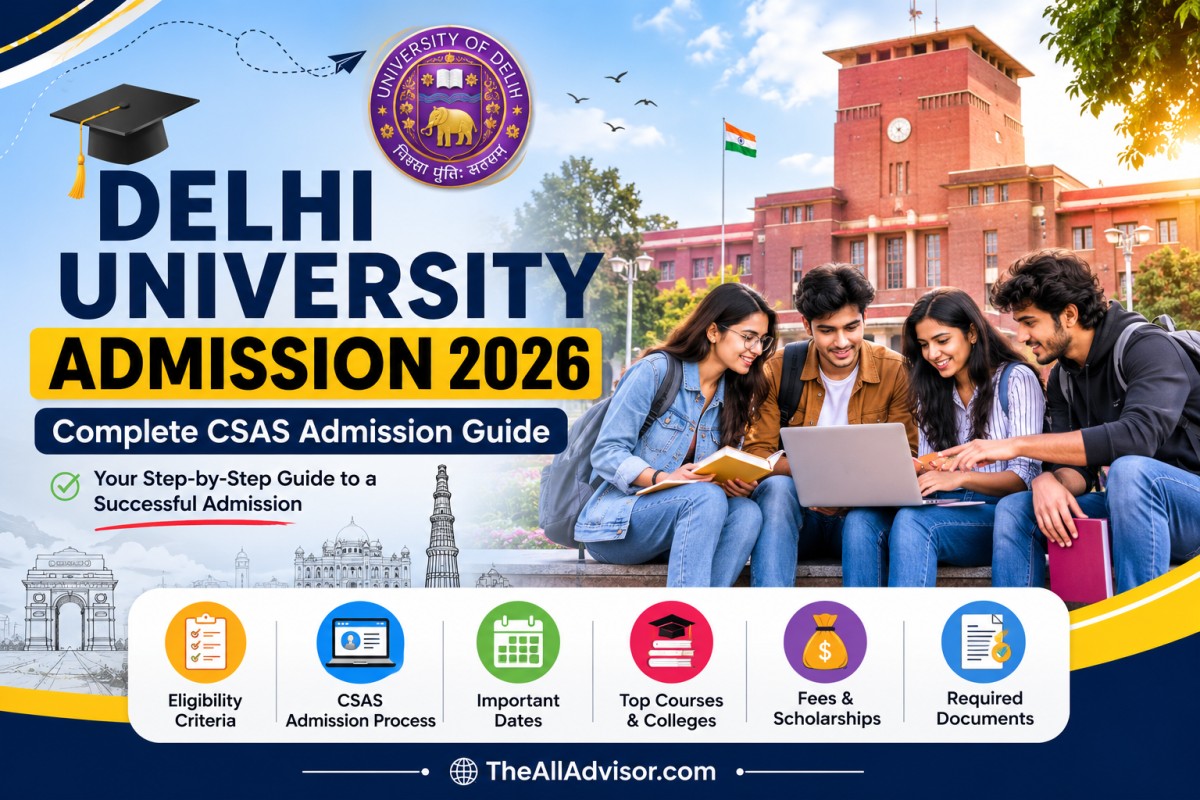 Delhi University Admission 2026 poster featuring the University of Delhi campus, students, and the CSAS admission guide for undergraduate admissions in India.