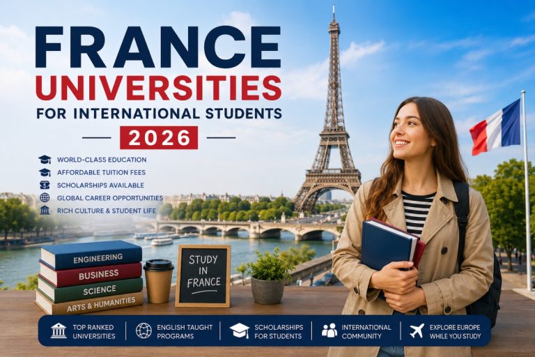 France Universities for International Students 2026 featuring the Eiffel Tower, top French universities, international students, graduation caps, and TheAllAdvisor.com