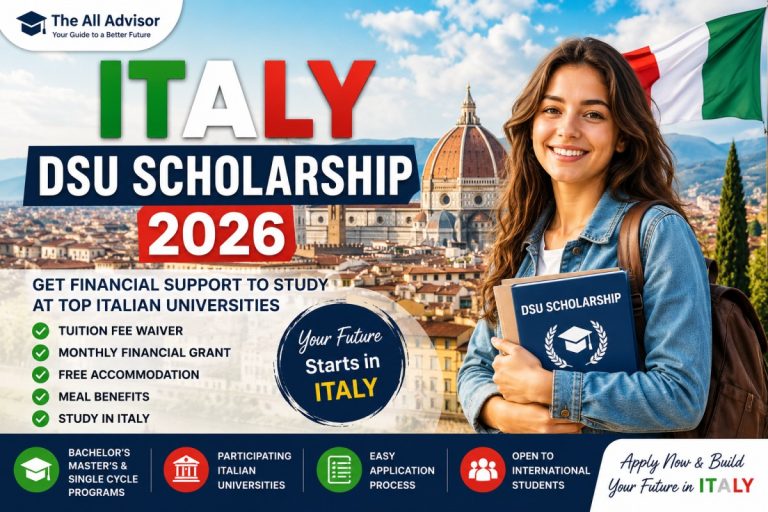 International students at an Italian university promoting the Italy DSU Scholarship 2026 with tuition fee waiver and financial aid.