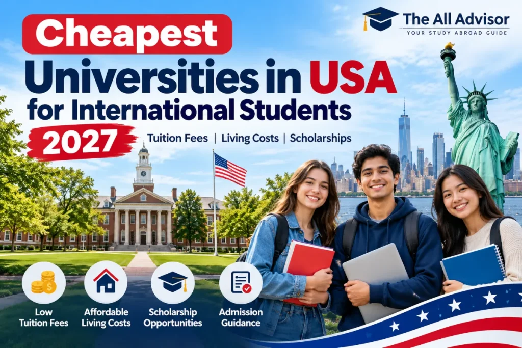 Illustrated guide to cheapest universities in USA for international students 2027, featuring a US university campus
