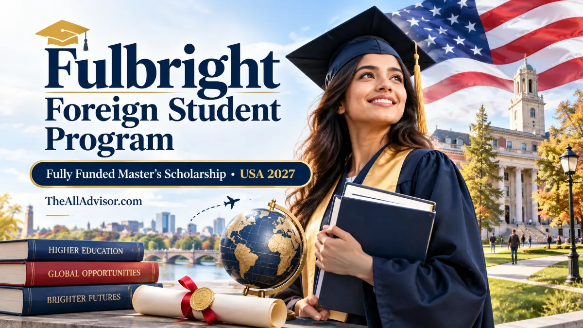 Fulbright Foreign Student Program USA 2027 scholarship banner featuring an international graduate and American university campus