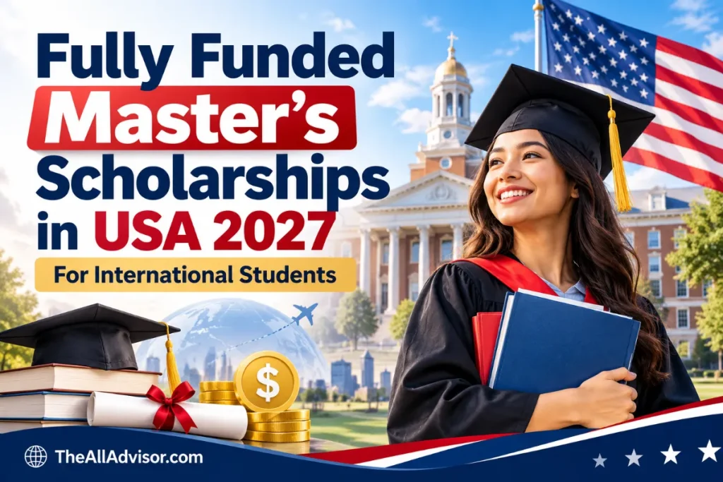 Fully funded master's scholarships in USA 2027 for international students – graduate with books, American flag and university campus | The All Advisor