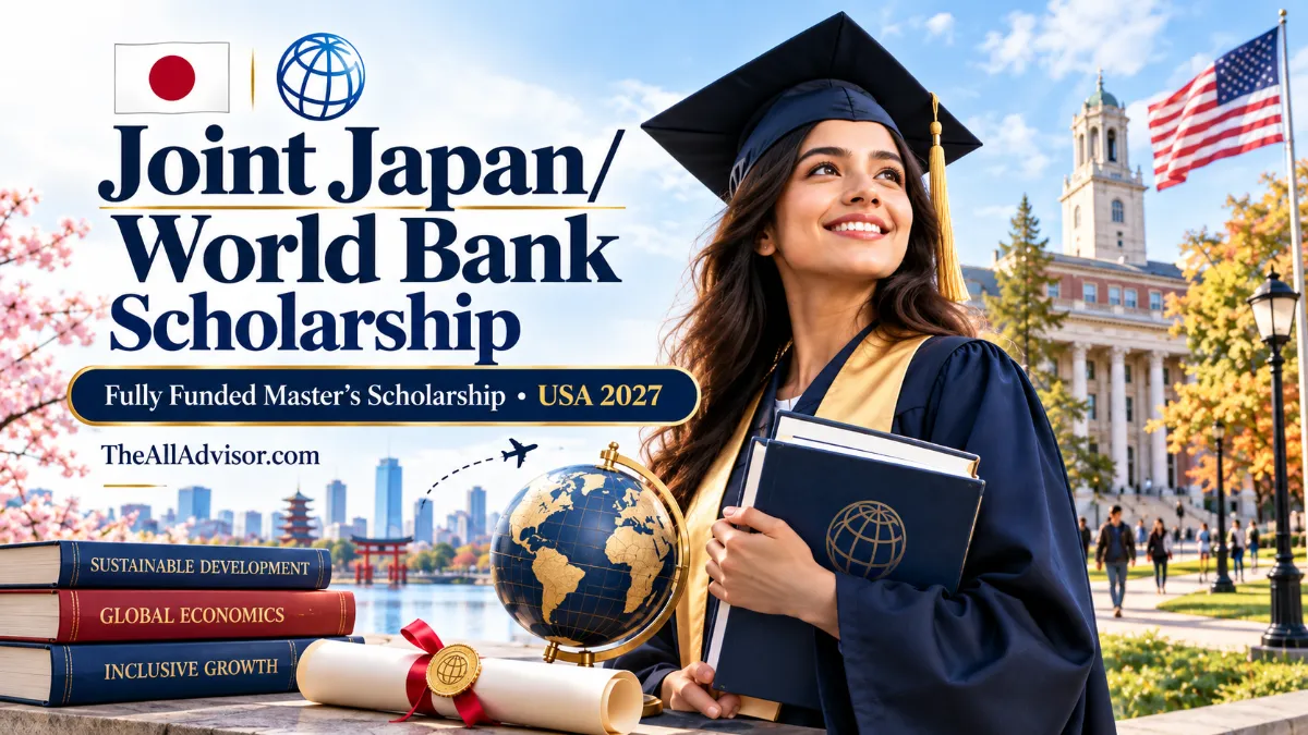 Joint Japan World Bank Graduate Scholarship 2027 banner with international student, globe and university campus