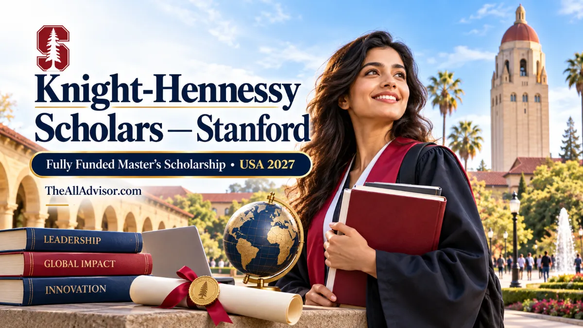 Knight-Hennessy Scholars Stanford 2027 graduate scholarship banner with student and Stanford-inspired campus