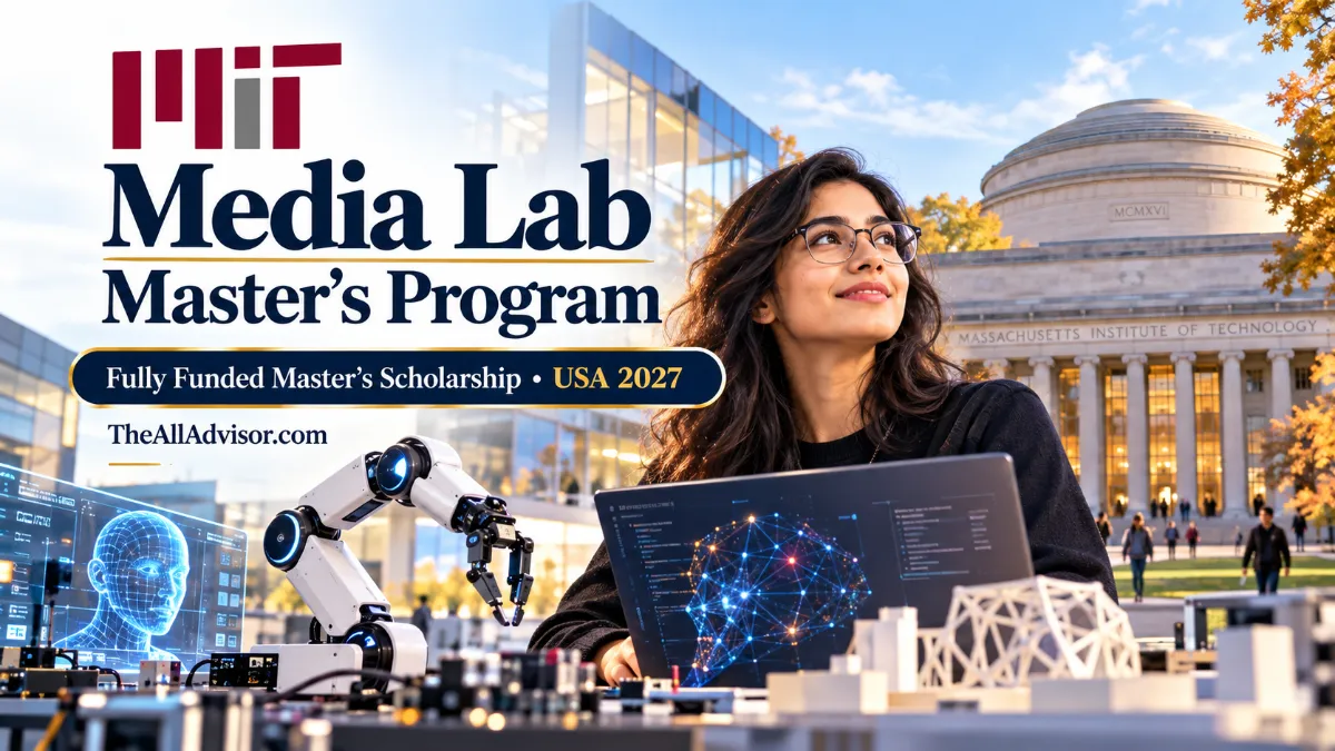 MIT Media Lab master's program 2027 funding banner featuring student research, robotics and artificial intelligence