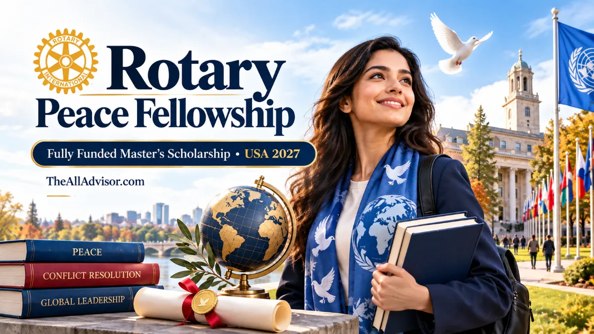 Rotary Peace Fellowship 2027 scholarship banner featuring international student, peace dove and global education symbols